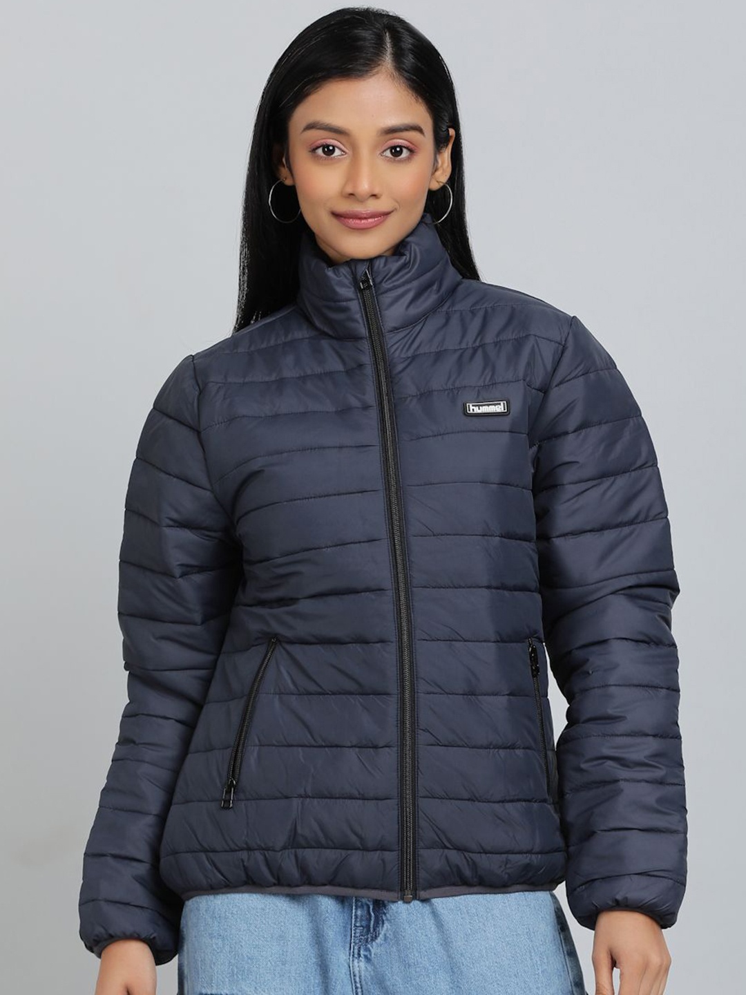 

hummel Women Mock Collar Solid Casual Puffer Jacket, Navy blue