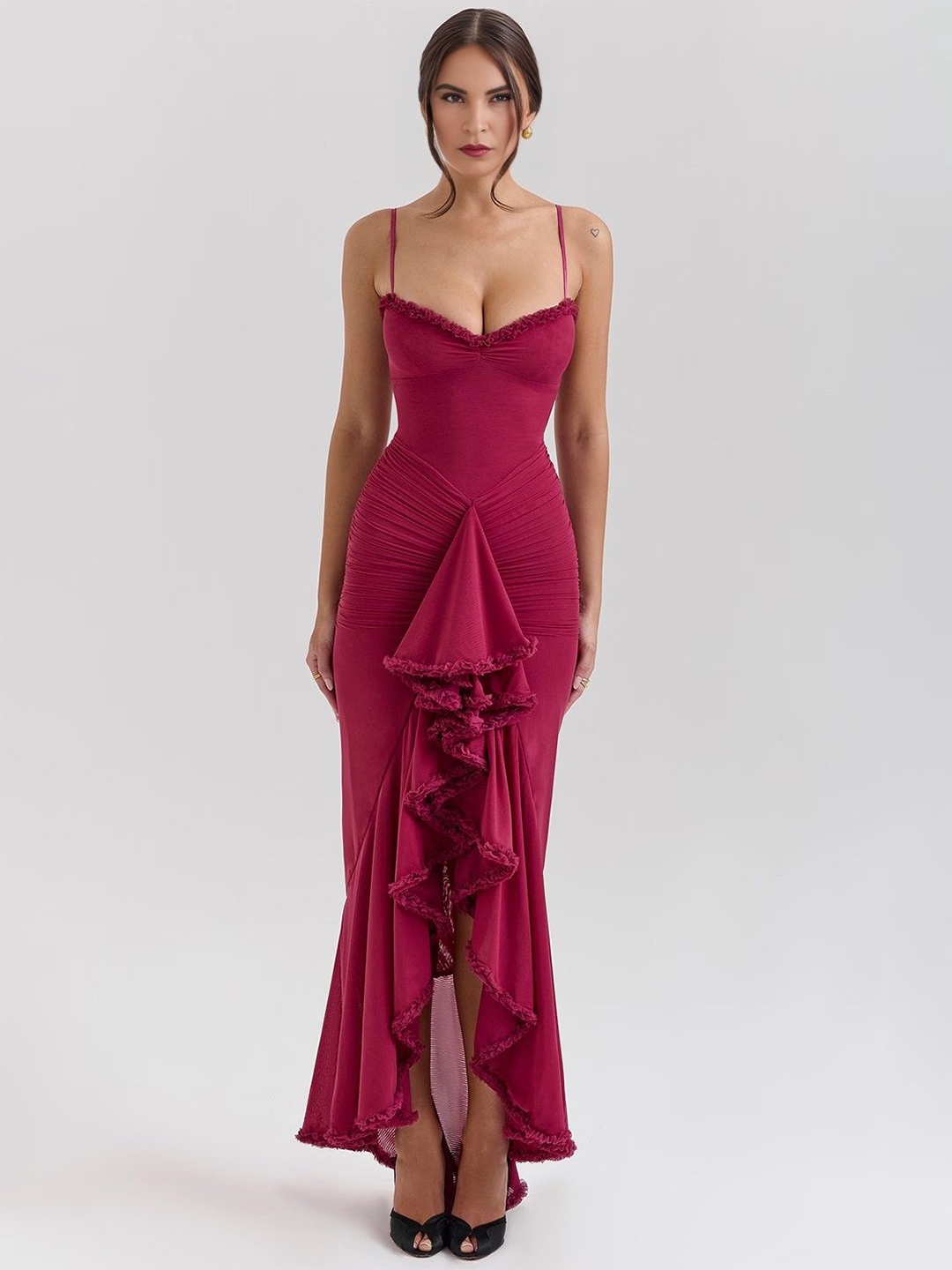 

Bee Boe Waterfall Elegance Wine Gown, Red