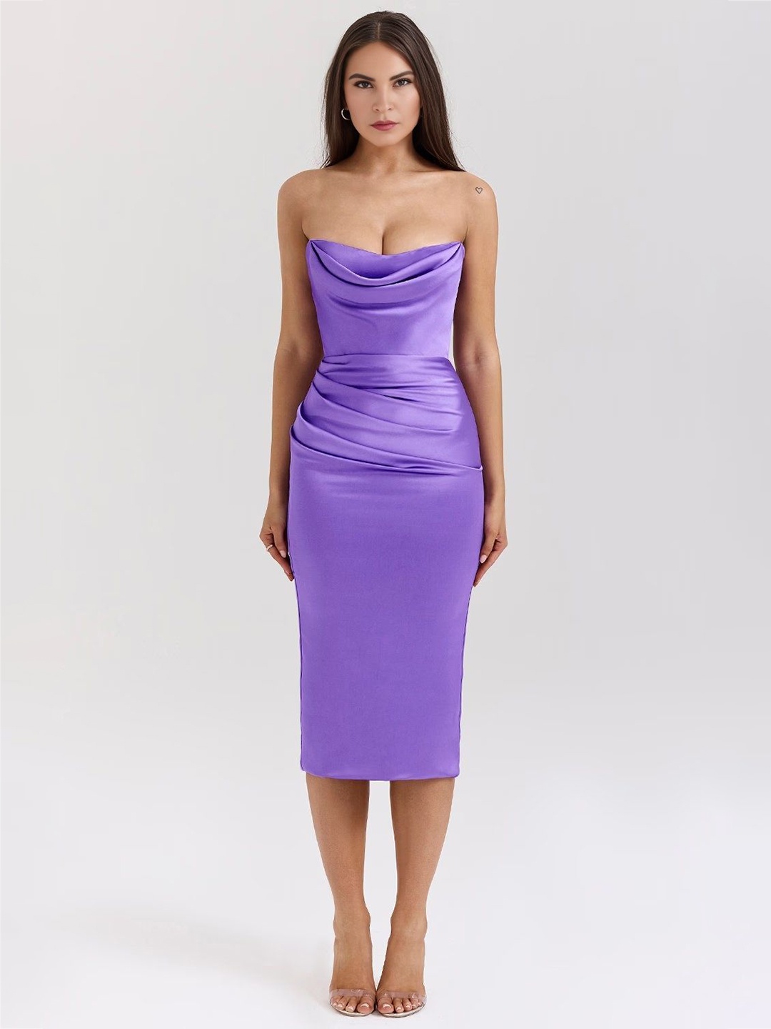 

Bee Boe Women Cowl Neck Satin Bodycon Midi Dress, Violet