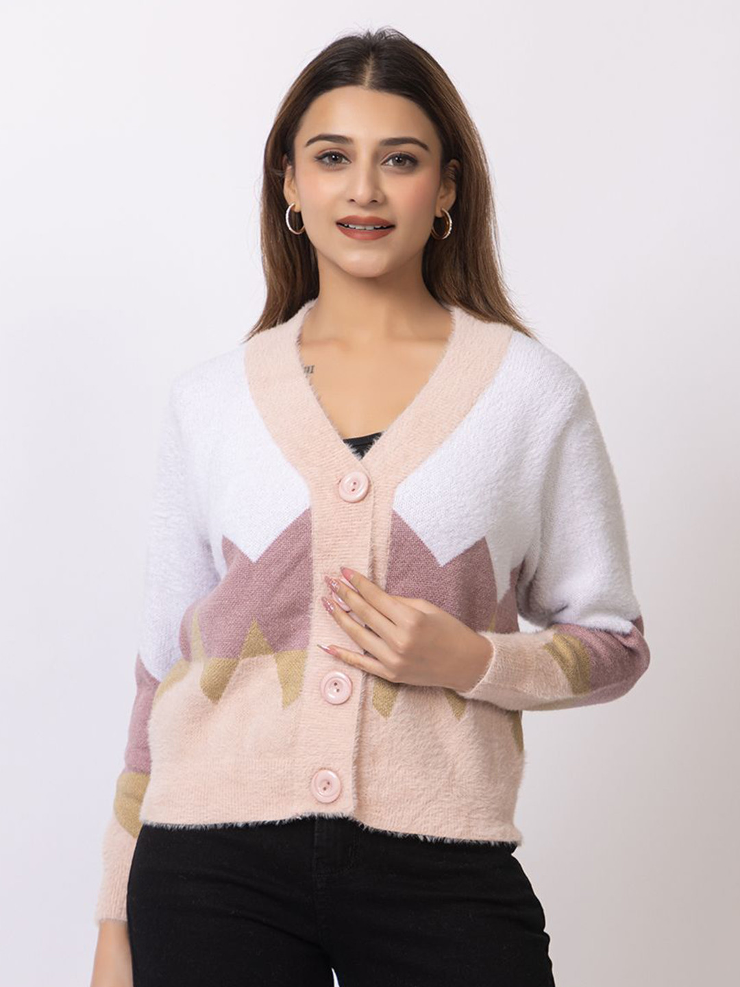 

Winter Wonders Women Colourblocked V-Neck Cardigan, Pink