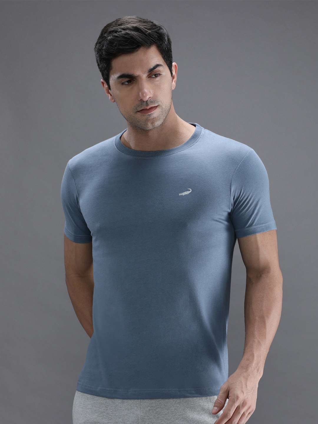 

Crocodile Men Solid Round Neck Cotton T-shirt, Grey