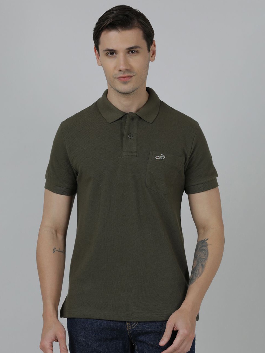 

Crocodile Men Solid Polo Collar Slim Fit Cotton T-shirt, Olive