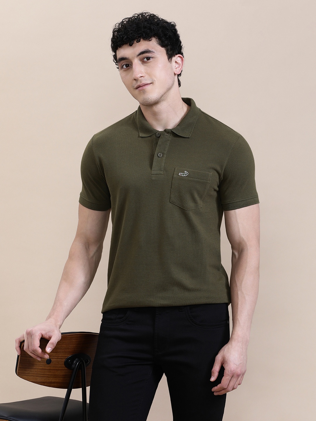 

Crocodile Men Solid Polo Collar Slim Fit Cotton T-shirt, Olive