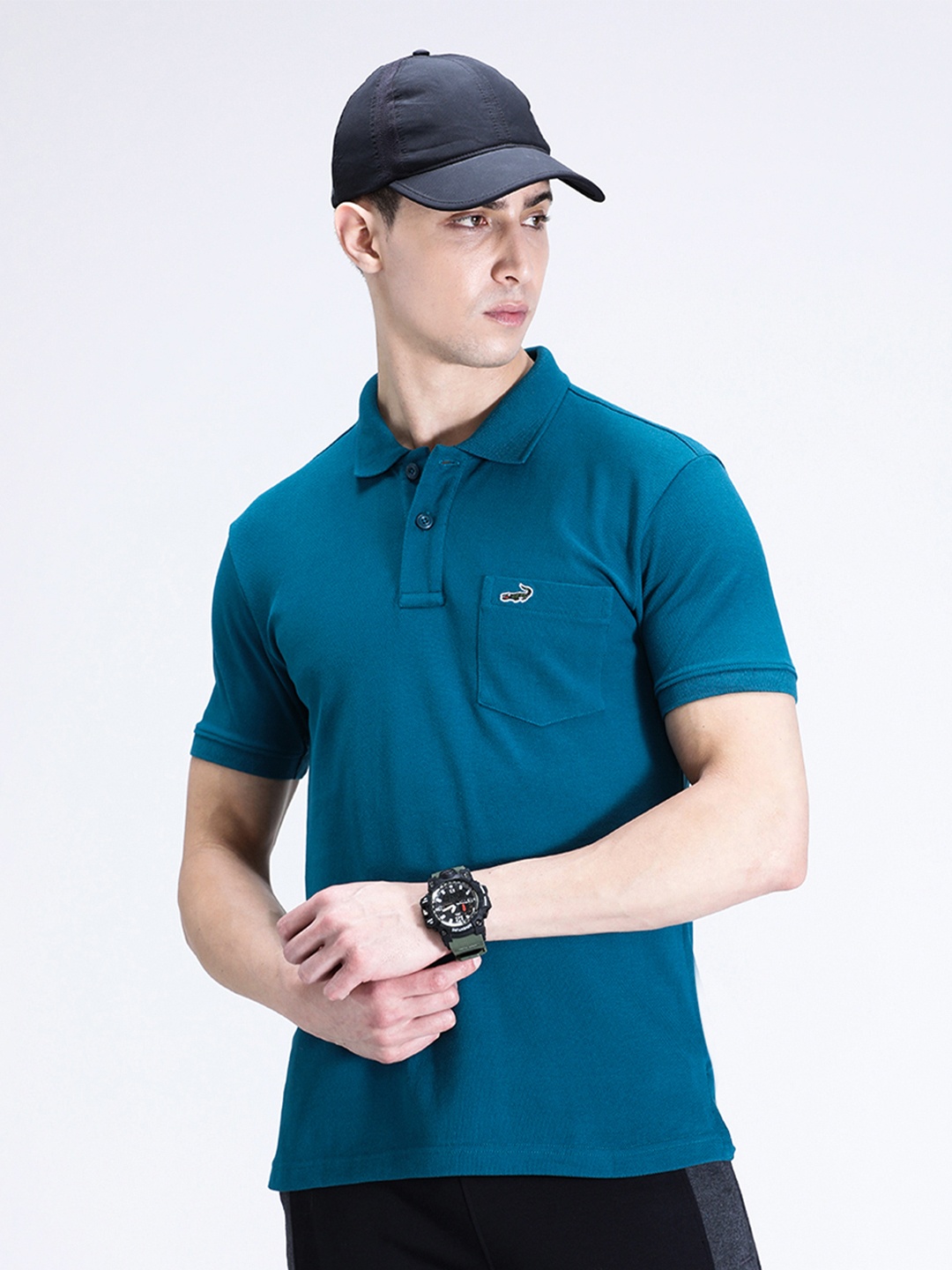 

Crocodile Men Solid Polo Collar Cotton T-shirt, Teal