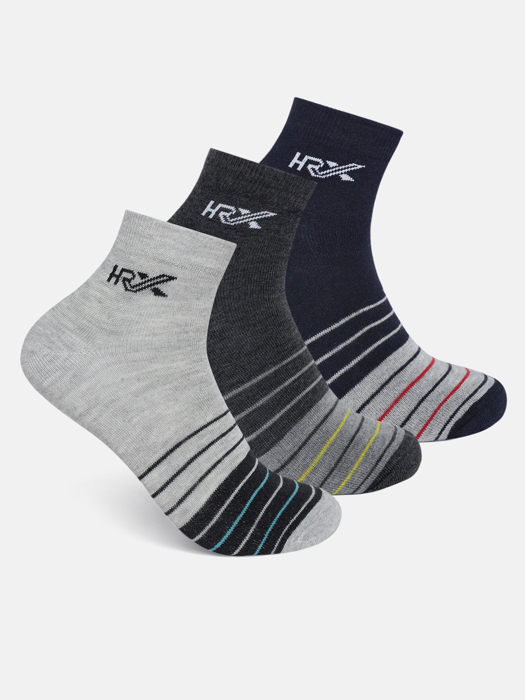 

HRX by Hrithik Roshan Men Cotton Pack Of 3 Striped Ankle-Length Socks, Grey