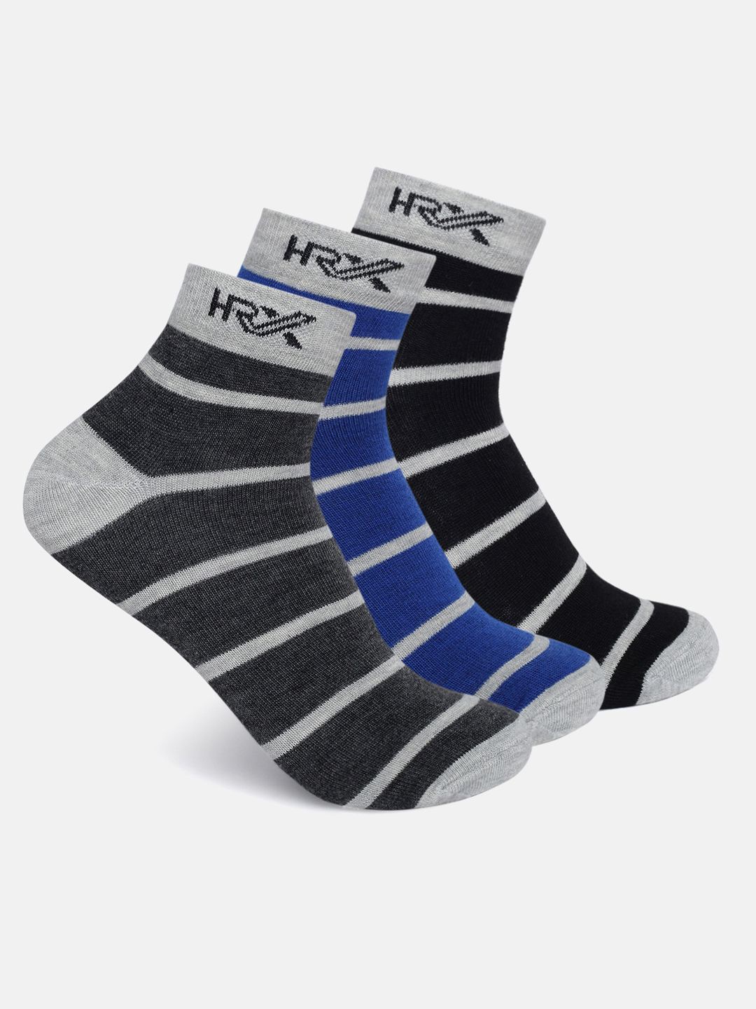 

HRX by Hrithik Roshan Men Cotton Pack Of 3 Striped Ankle-Length Socks, Black