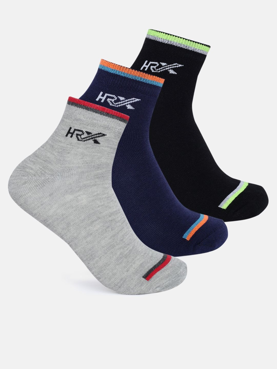

HRX by Hrithik Roshan Men Pack Of 3 Striped Flat Knit Ankle-Length Socks, Black