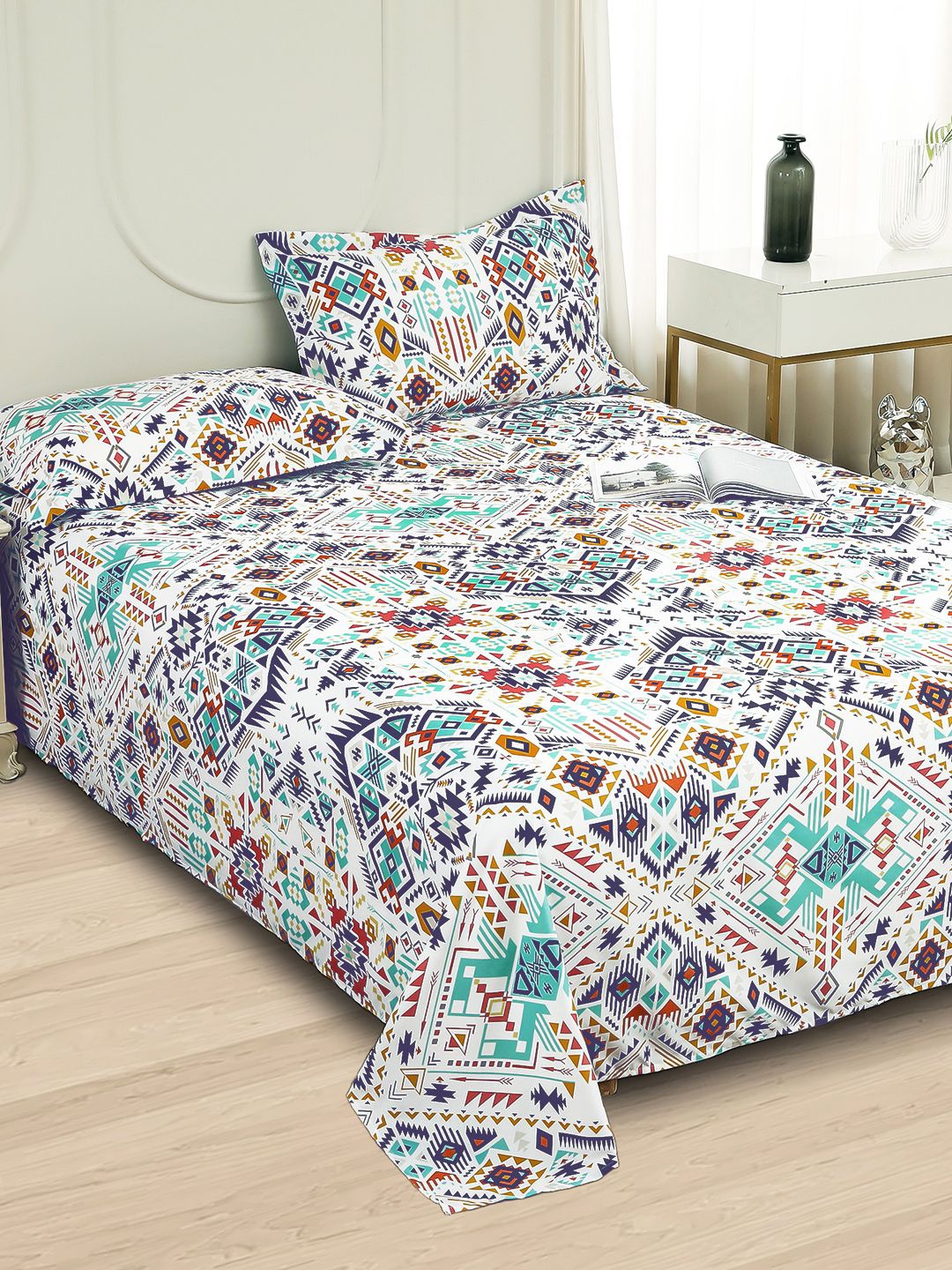 

Story@home White & Blue Self Design 4 Pieces Microfiber Double Queen Regular Bedding Set