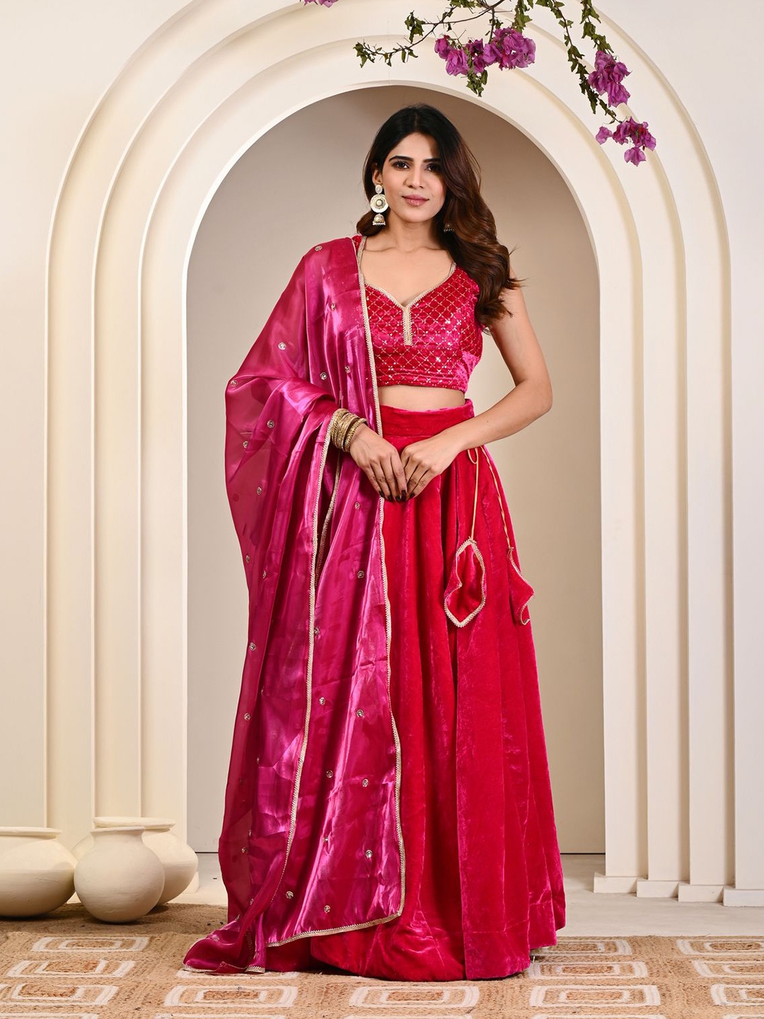 

Indi INSIDE Embroidered Ready to Wear Velvet Lehenga & Unstitched Blouse With Dupatta, Pink