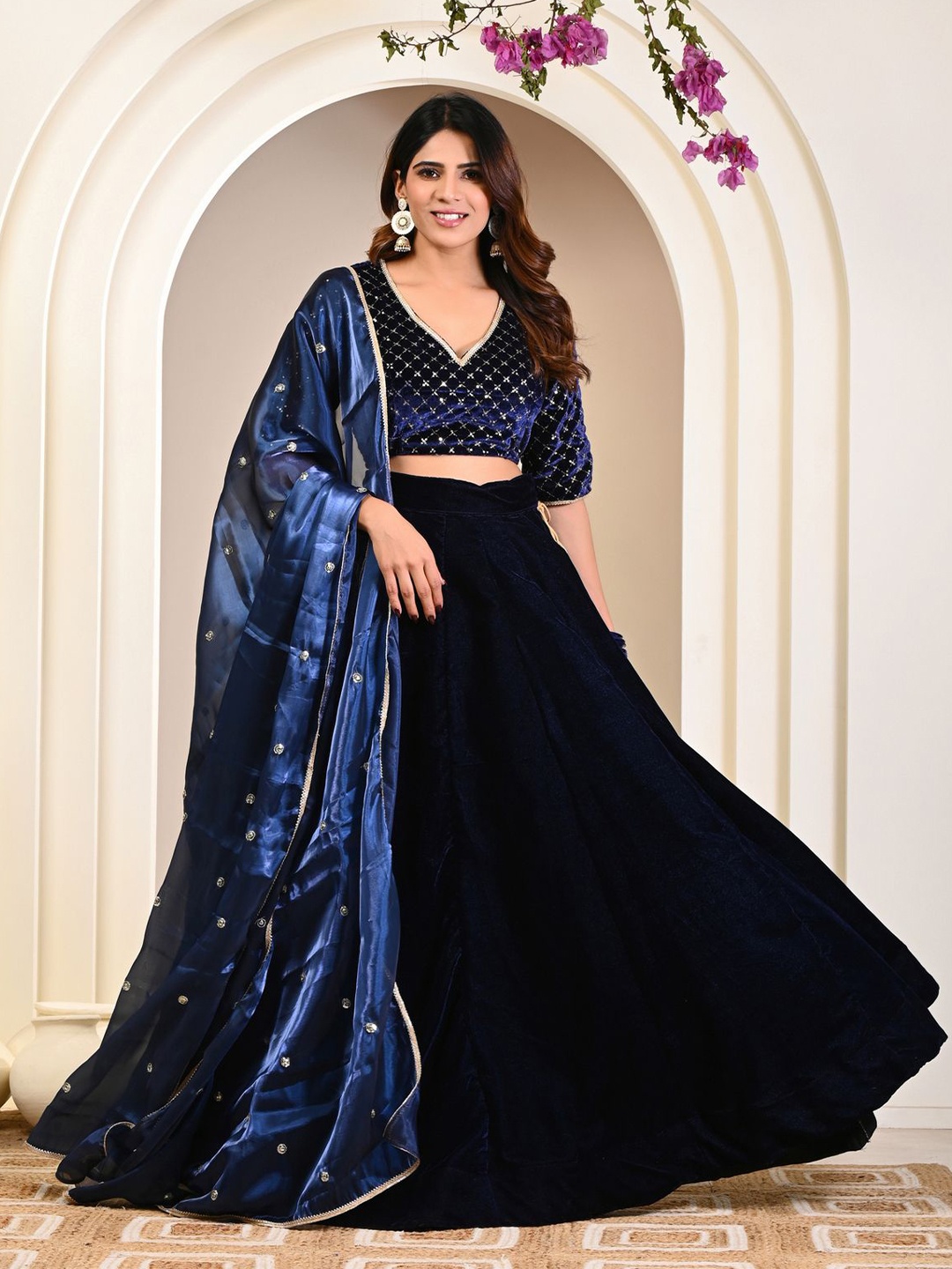 

Indi INSIDE Embroidered Ready to Wear Velvet Lehenga & Unstitched Blouse With Dupatta, Navy blue