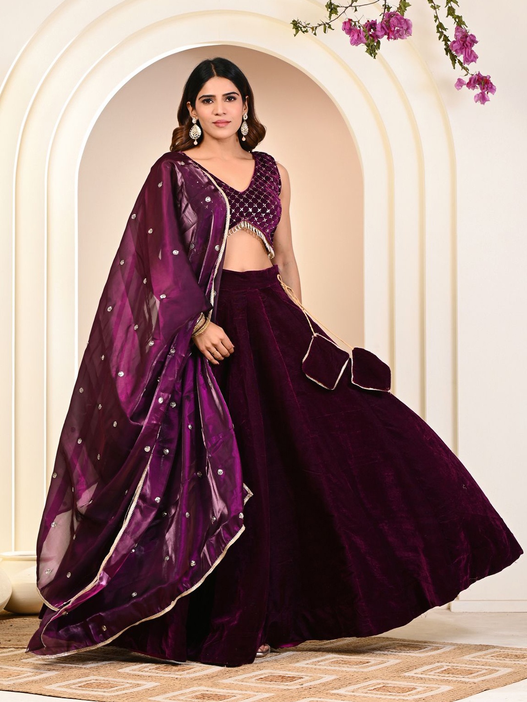 

Indi INSIDE Embroidered Ready to Wear Velvet Lehenga & Unstitched Blouse With Dupatta, Purple