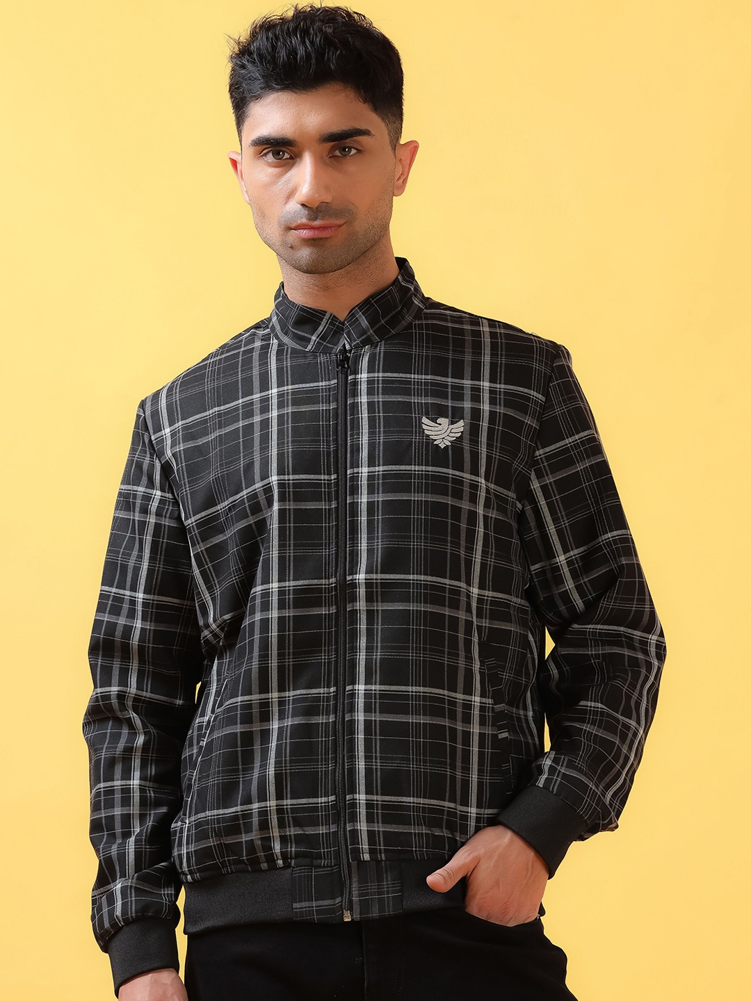 

THINC Men Mandarin Collar Checked Casual Bomber Jacket, Black