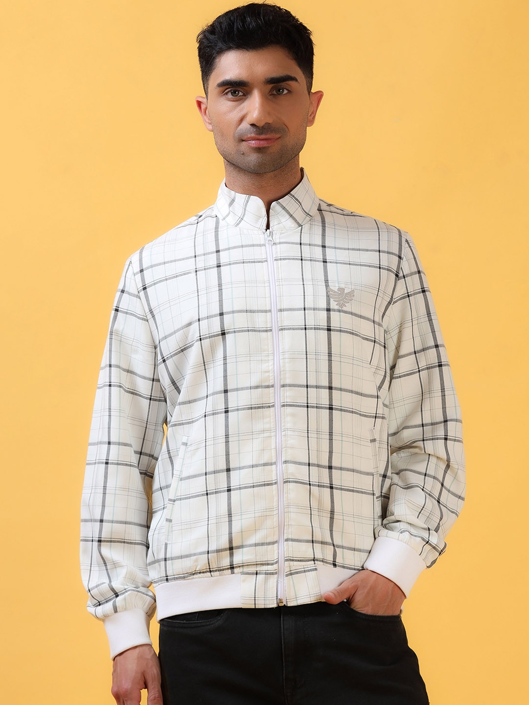 

THINC Men Mandarin Collar Checked Casual Bomber Jacket, White
