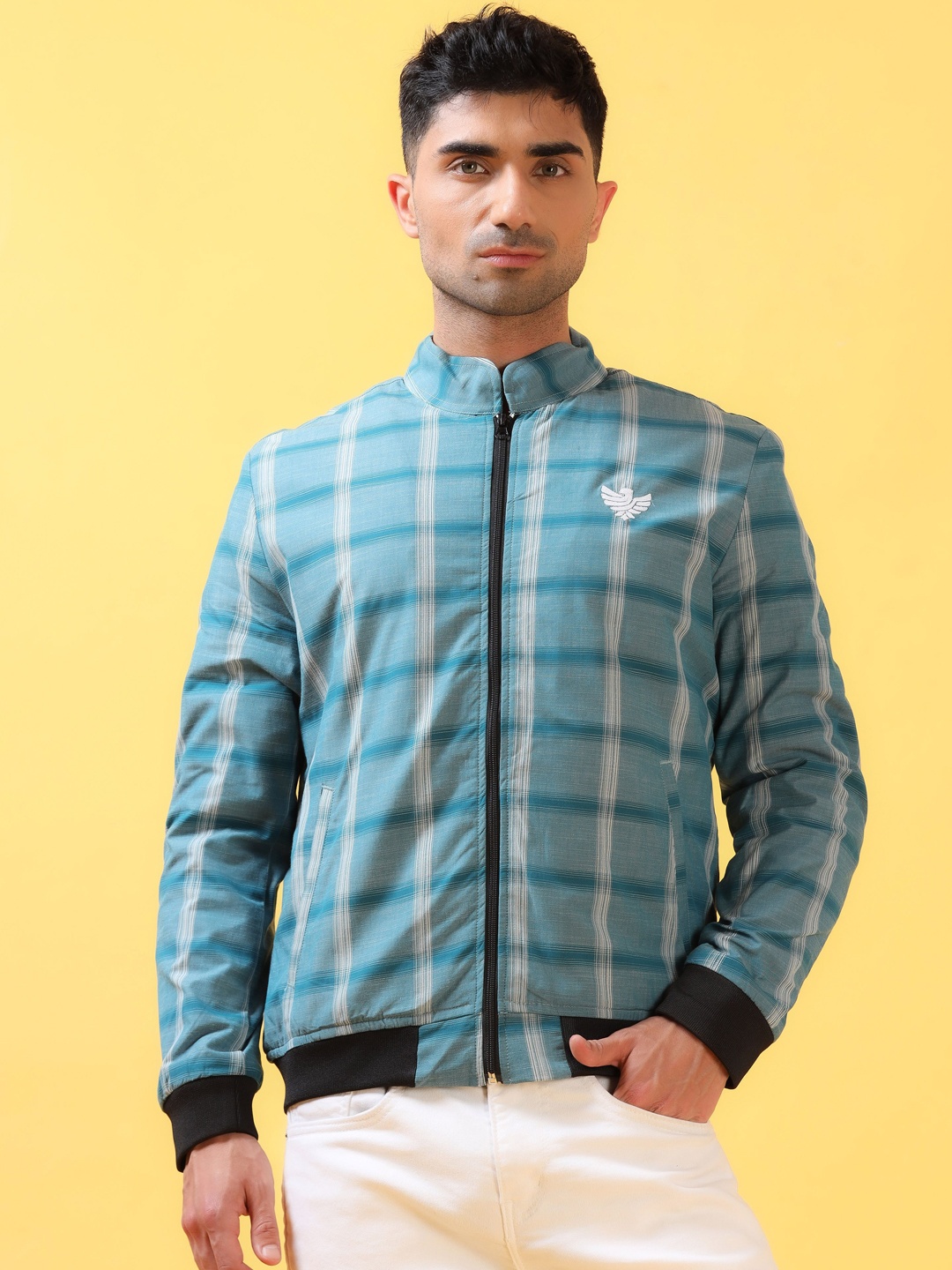

THINC Men Mandarin Collar Checked Casual Bomber Jacket, Sea green