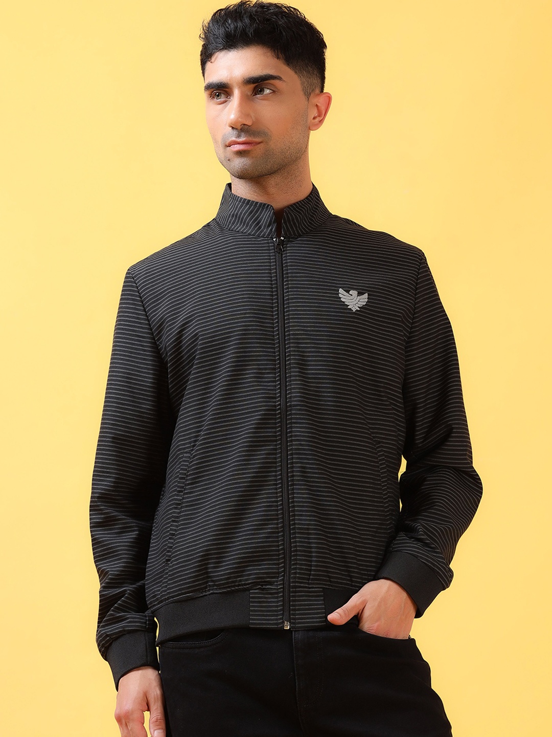 

THINC Men Mandarin Collar Striped Casual Bomber Jacket, Black