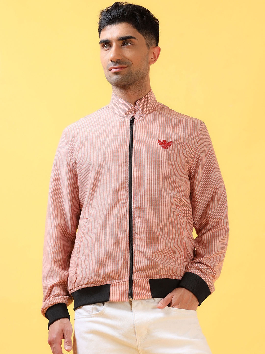 

THINC Men Chic And Cozy Mandarin Collar Striped Casual Bomber Jacket, Pink