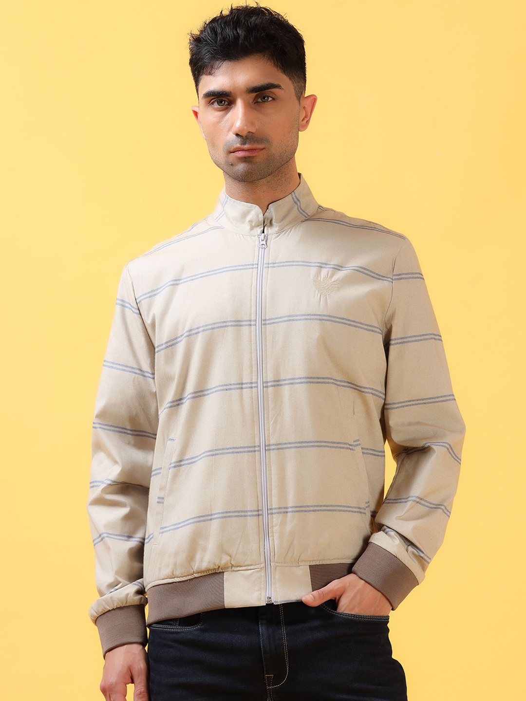 

THINC Men Mandarin Collar Striped Casual Bomber Jacket, Off white