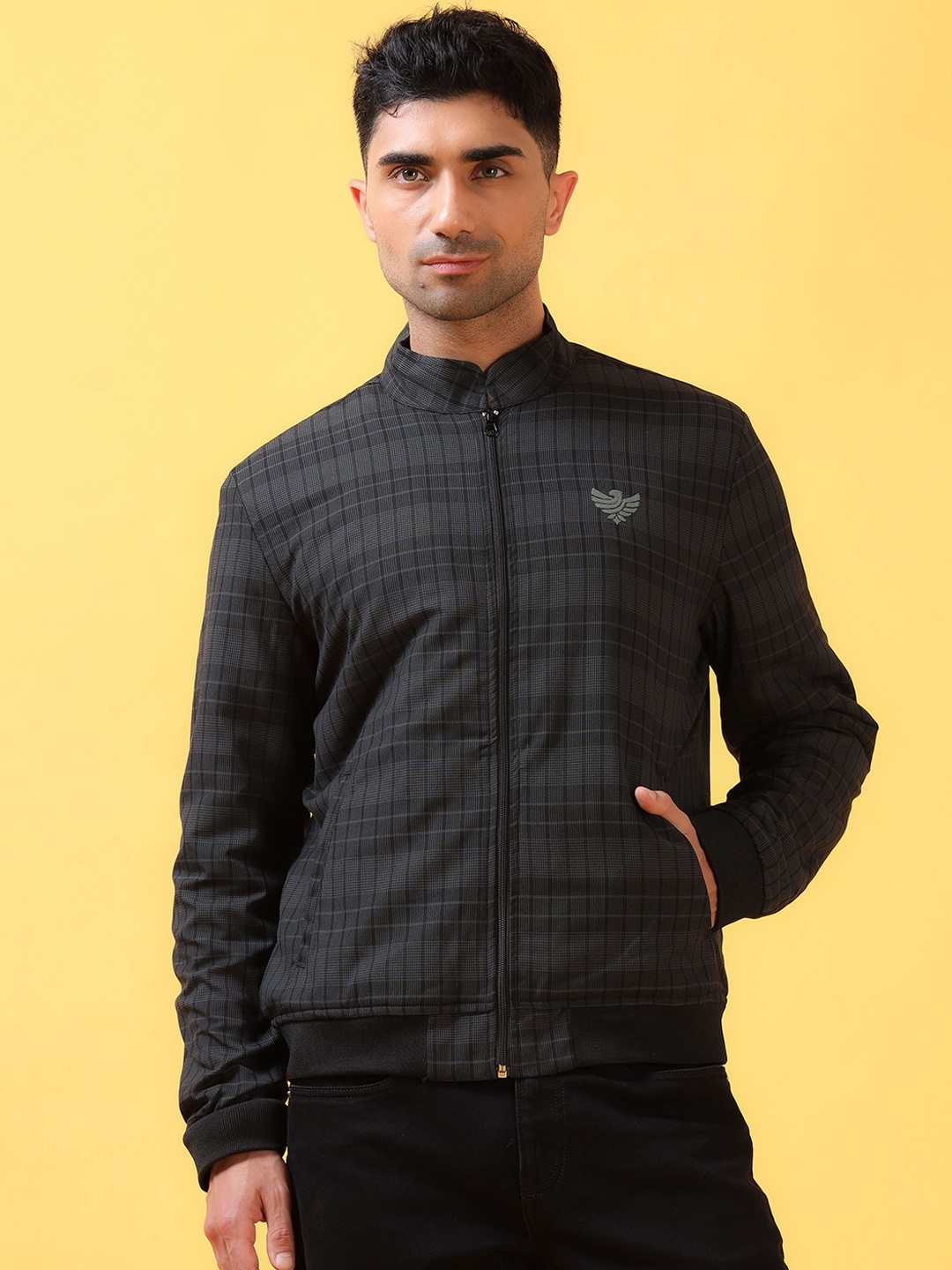 

THINC Men Stylishly Layered Mandarin Collar Checked Casual Bomber Jacket, Black