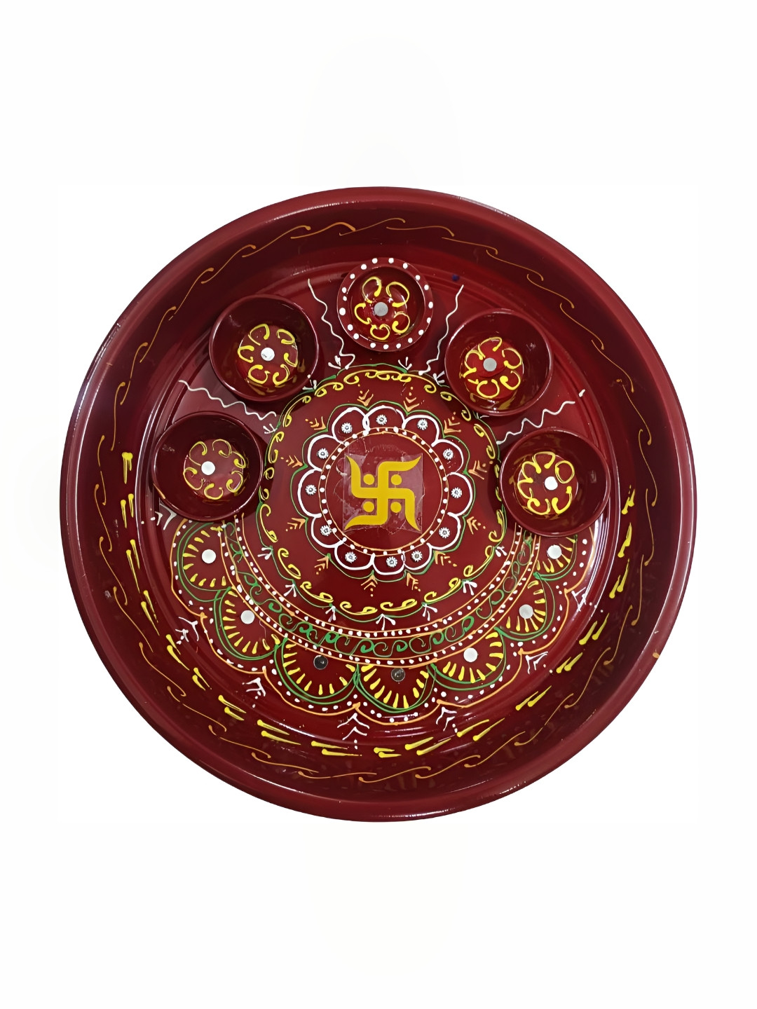 

MISHAV Red & Yellow Swastik Printed Decorative Round Pooja Thali With Diyas & Toran
