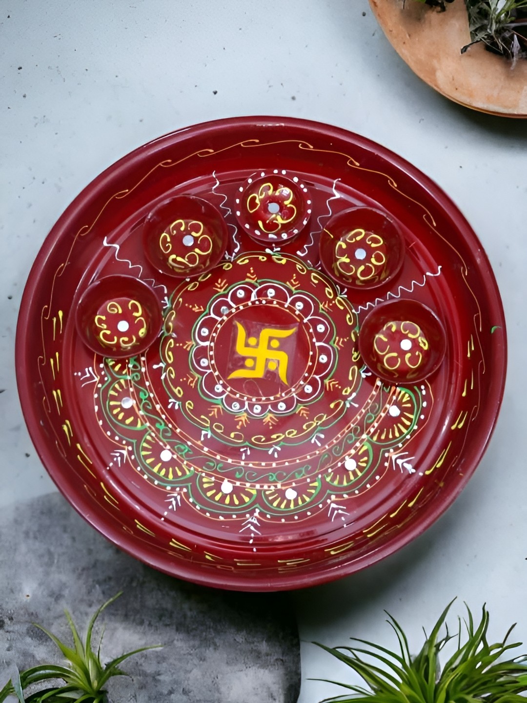 

MISHAV Red & Yellow Printed Decorative Round Pooja Thali With Diyas