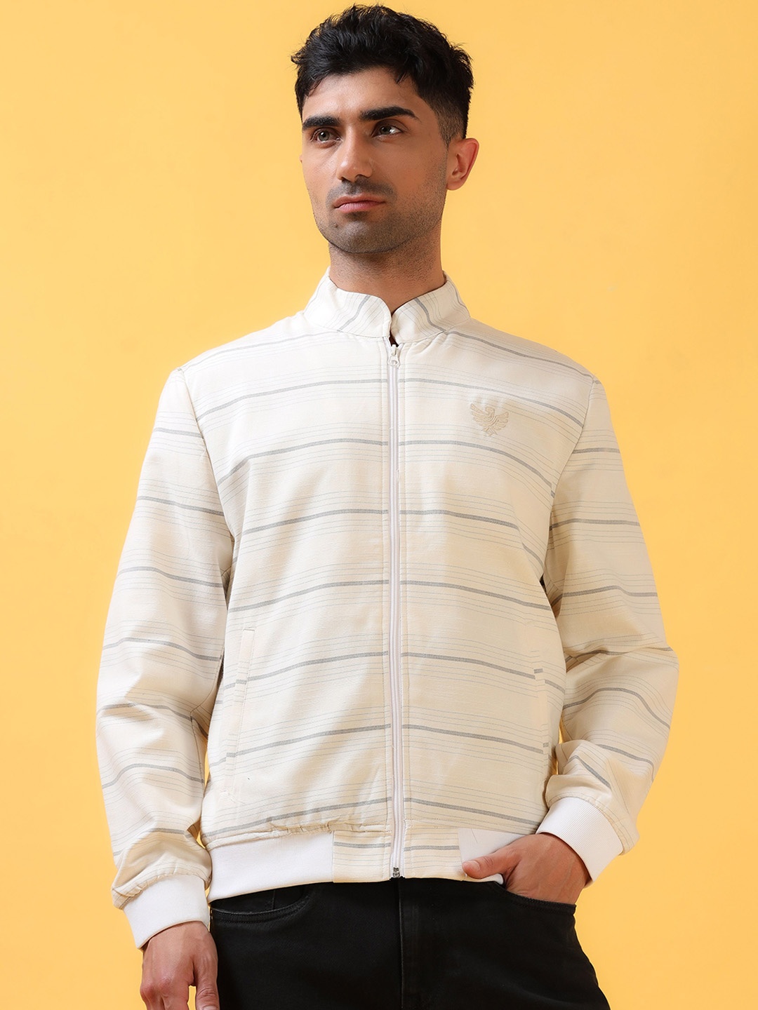 

THINC Men Mandarin Collar Striped Casual Bomber Jacket, Off white