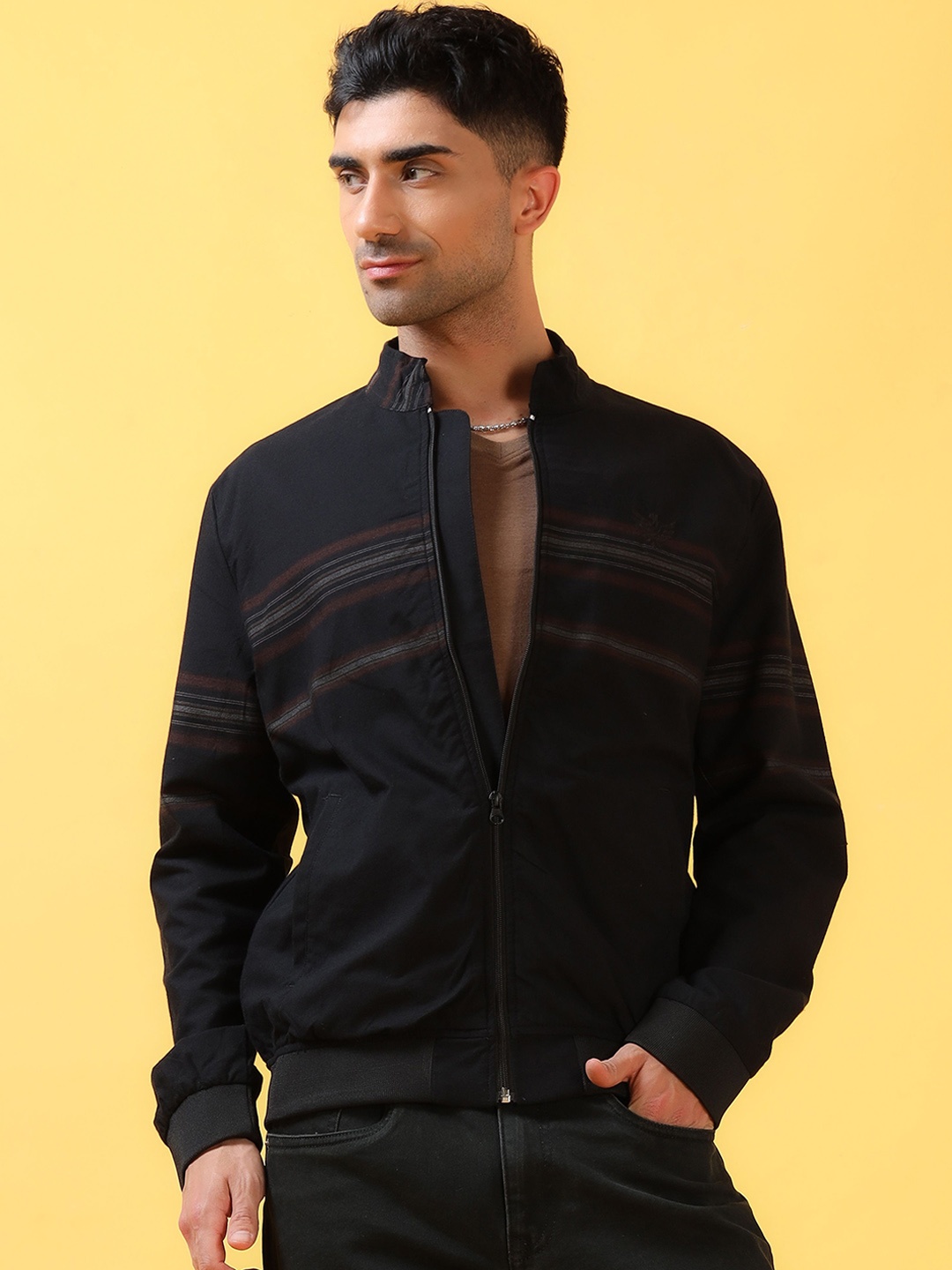 

THINC Men Mandarin Collar Striped Casual Bomber Jacket, Black