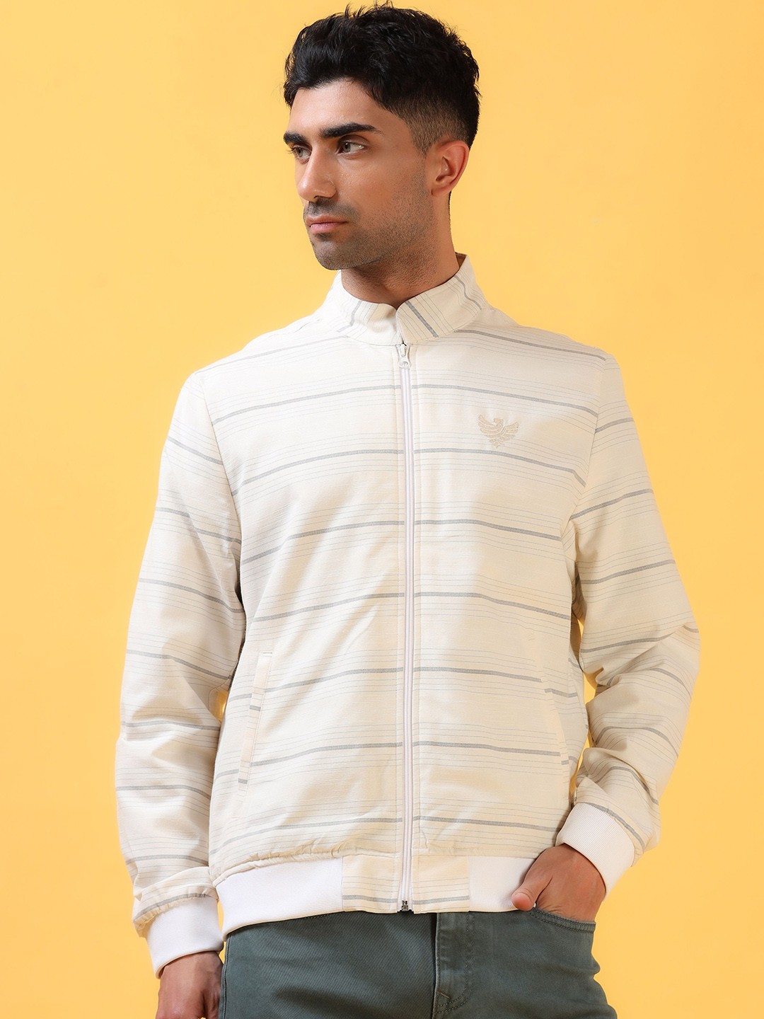 

THINC Men Mandarin Collar Striped Casual Bomber Jacket, Off white