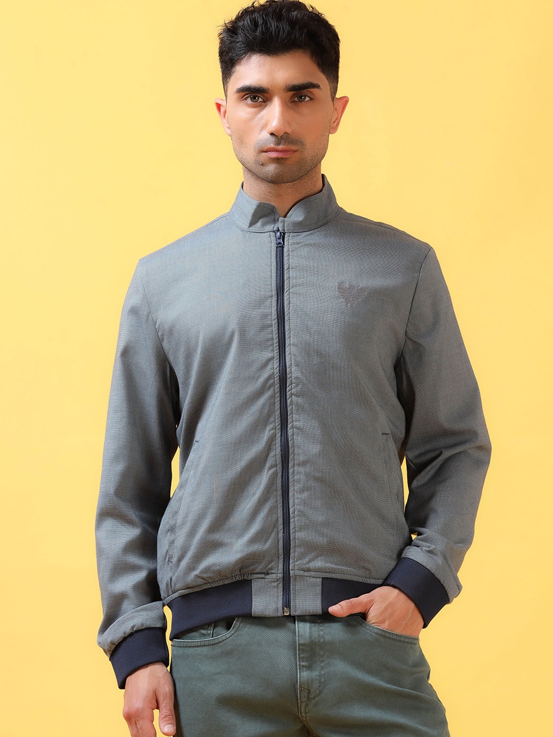 

THINC Men Mandarin Collar Self Design Casual Bomber Jacket, Grey