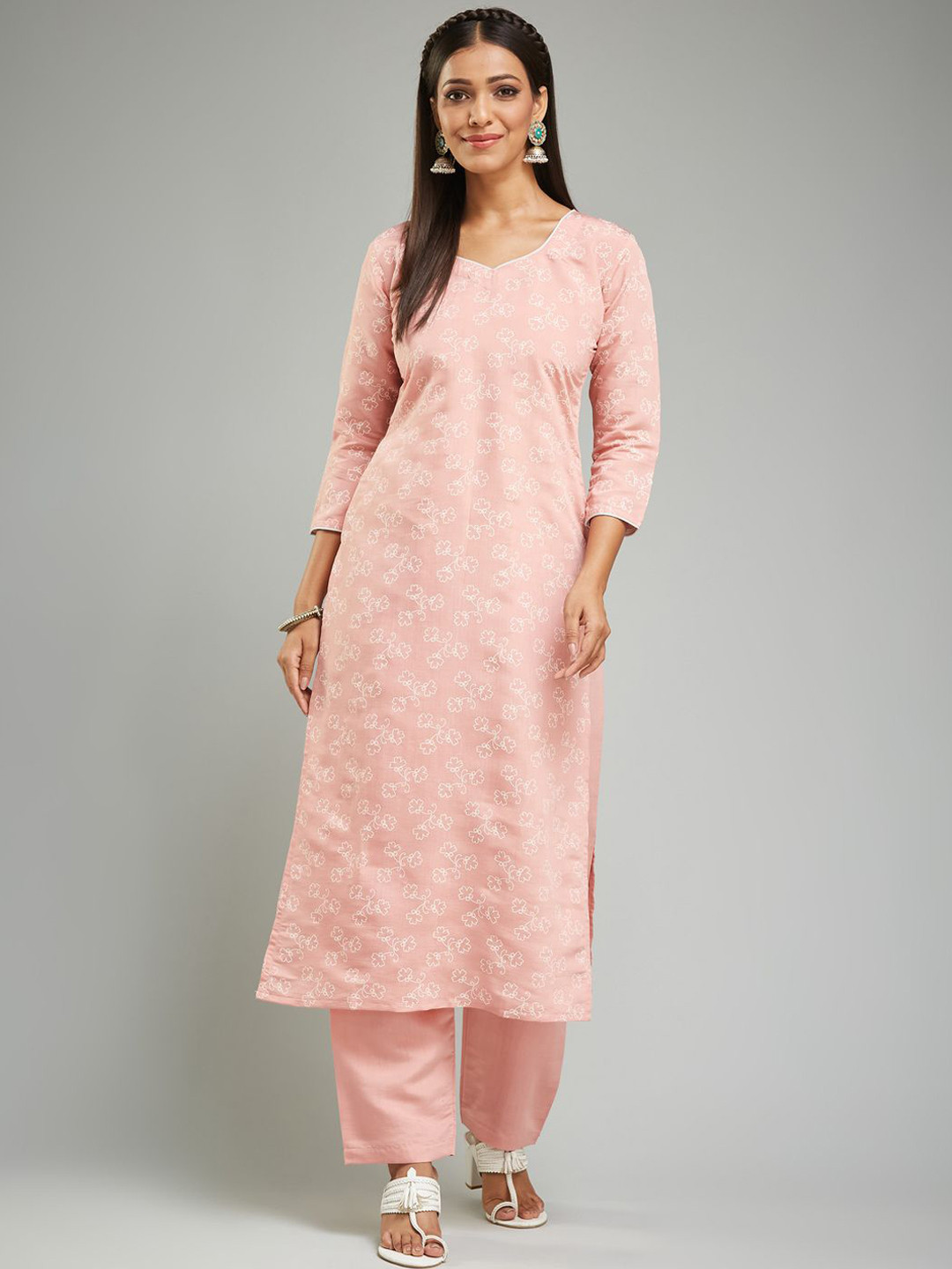

KALINI Floral Printed Straight Kurta with Trousers & Dupatta, Peach