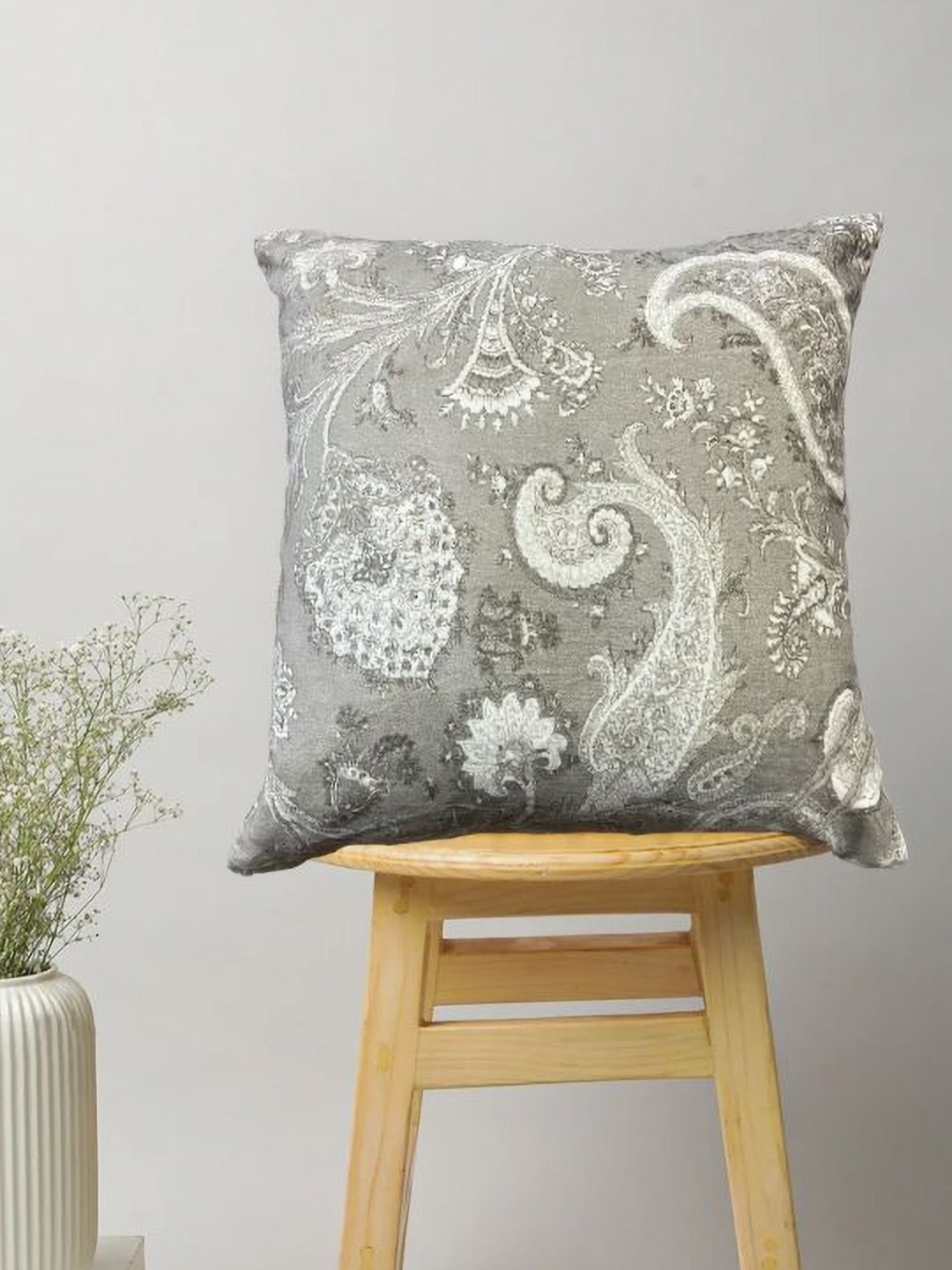 

SAJAVAT Grey Melange Floral Printed Pure Cotton Square Cushion Cover