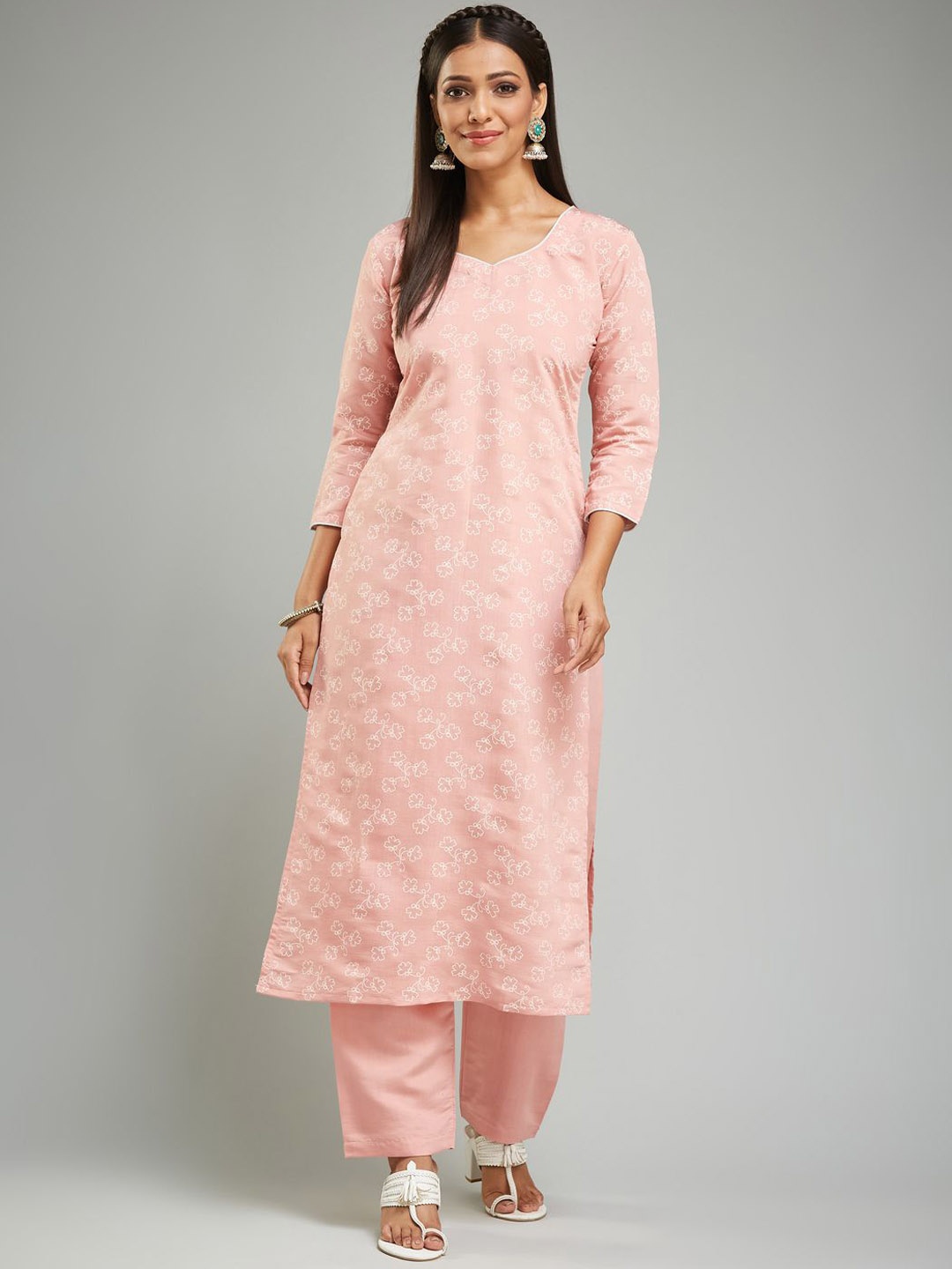 

KALINI Floral Printed Straight Kurta with Trousers & Dupatta, Peach