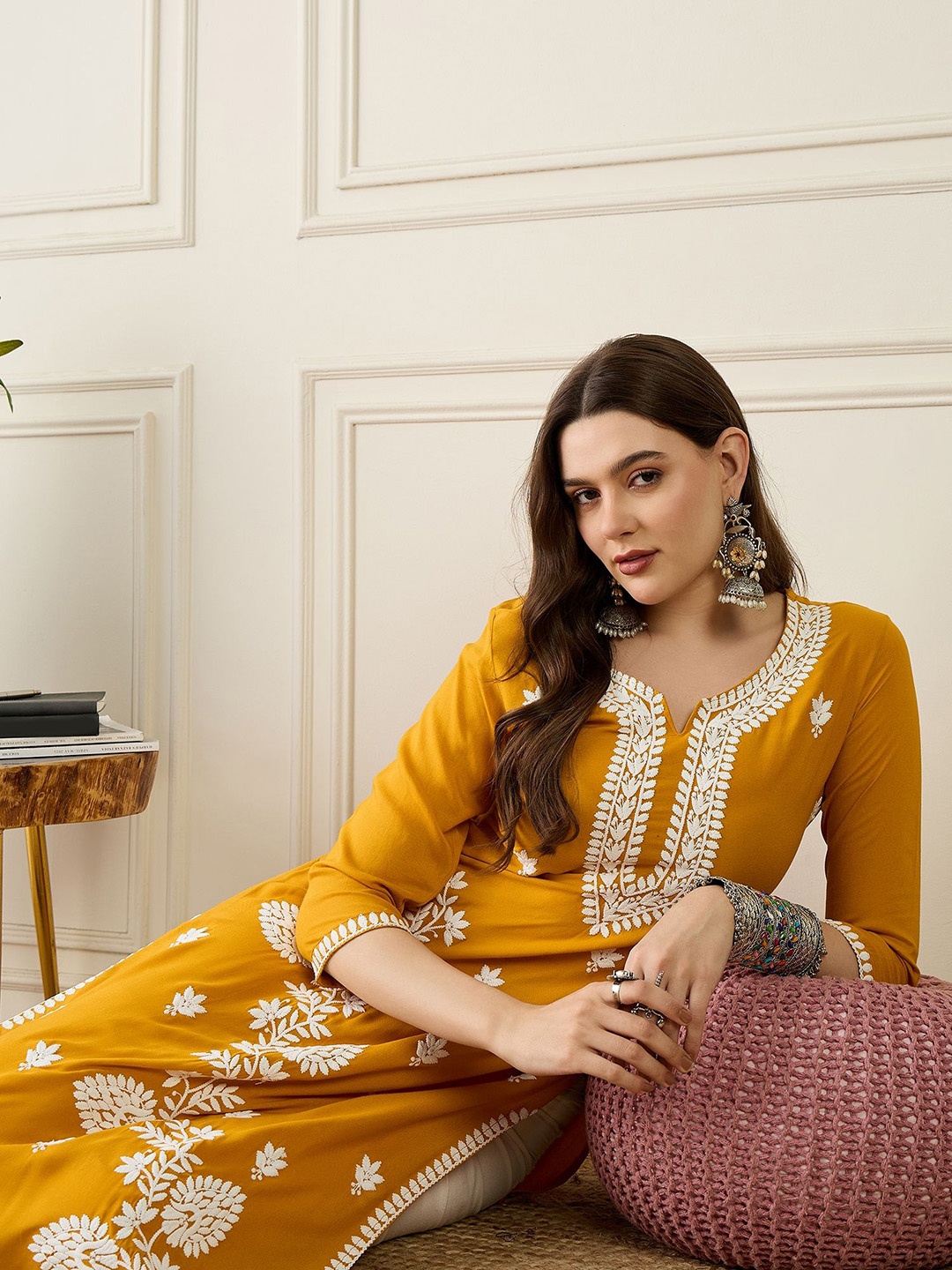 Anouk Notch Neck Floral Embroidered Thread Work Straight Kurta, Yellow