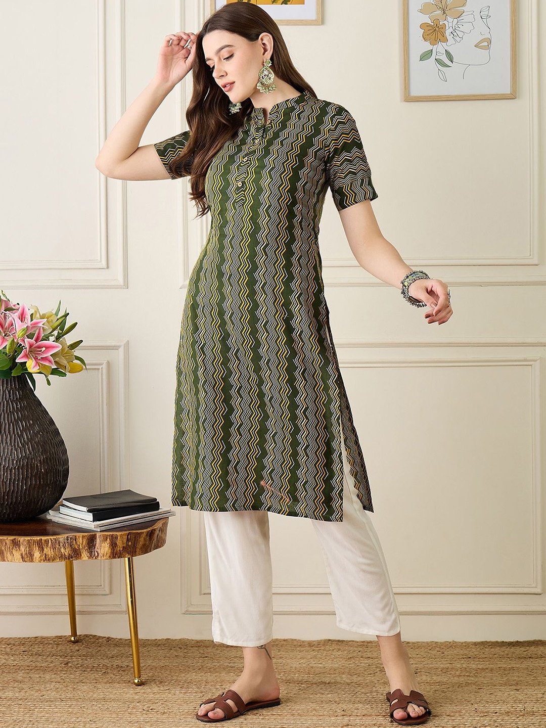 

Anouk Geometric Printed Regular Cotton Straight Kurta, Green