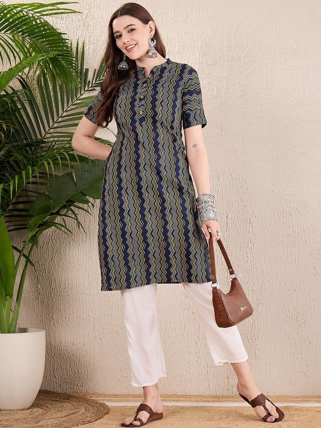 

Anouk Mandarin Collar Chevron Printed Straight Cotton Kurta, Blue