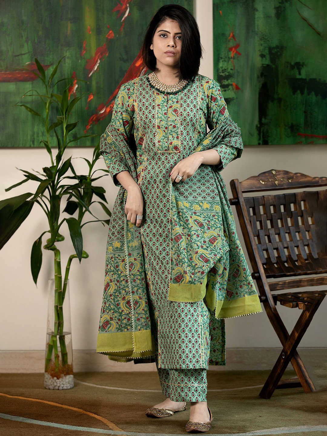 

Anni Designer Floral Printed Regular Straight Kurta with Trousers & Dupatta, Green