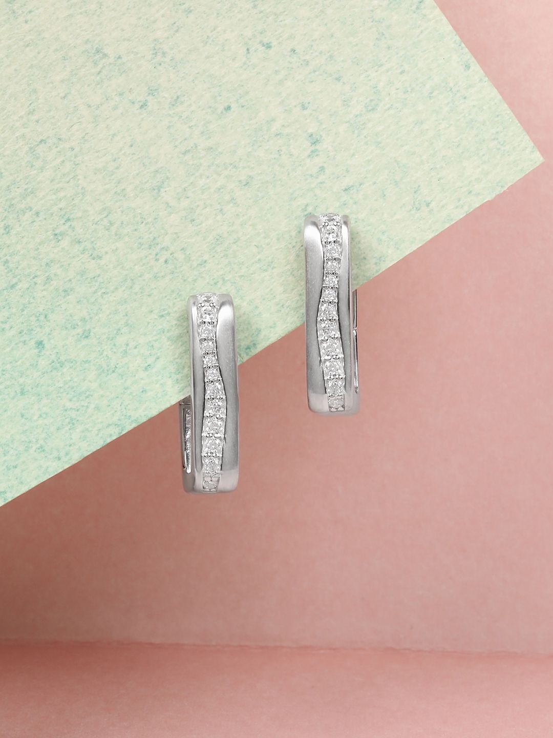 

Mia by Tanishq Sinuous Chic 93 Kt Silver-Plated Square Shaped Cubic Zirconia Hoop Earrings