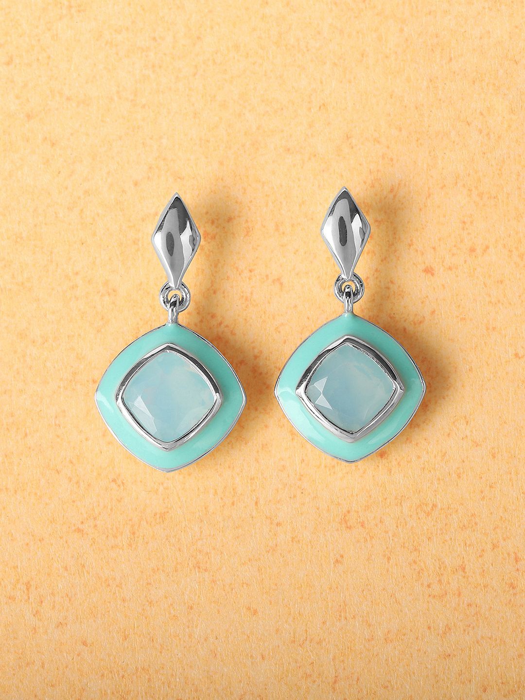 

Mia by Tanishq Aqua Luxe 93 Kt Silver-Plated Geometric Stone Studded Drop Earrings