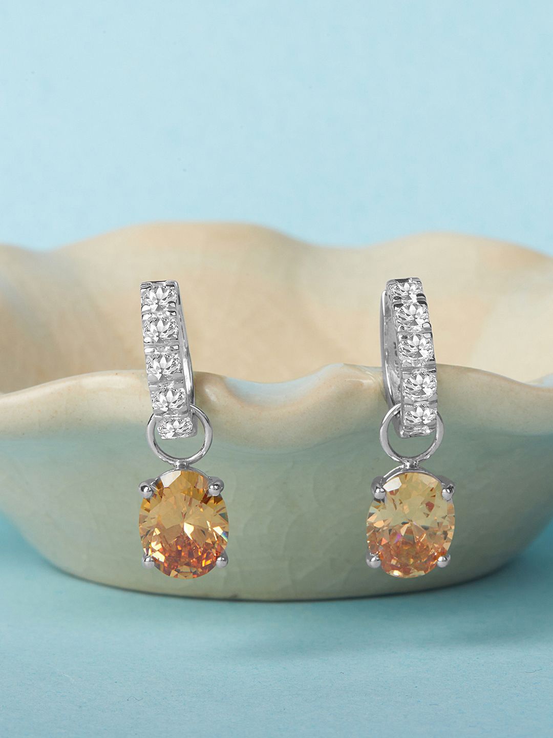 

Mia by Tanishq 93 Kt Silver-Plated Square Shaped Cubic Zirconia Half Hoop Earrings