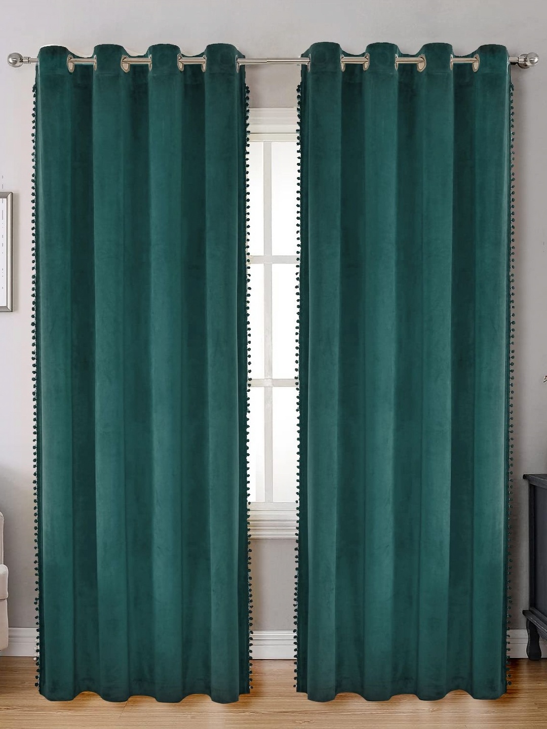

STITCHNEST Green 2 Pieces Velvet Black Out Window Curtains