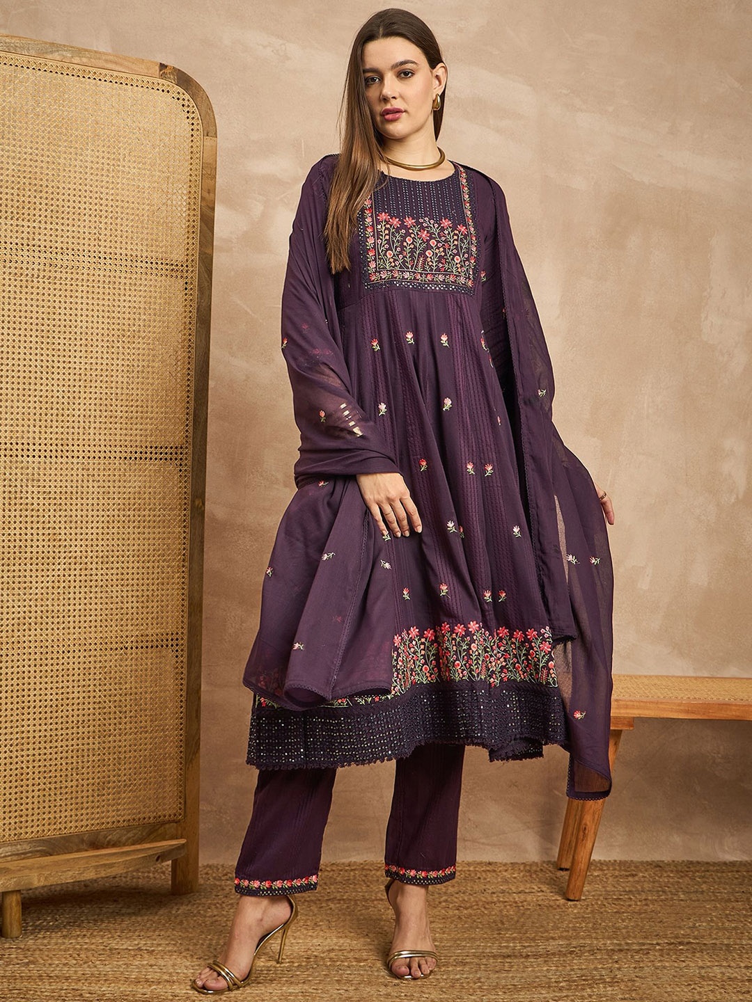 

all about you Floral Embroidered Pure Cotton Anarkali Kurta With Trousers & Dupatta, Purple