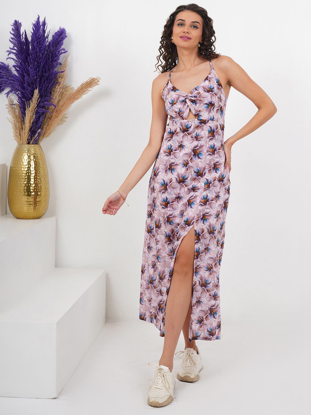 

Slumber Jill Floral Printed Shoulder Straps Sheath Maxi Dress, Pink
