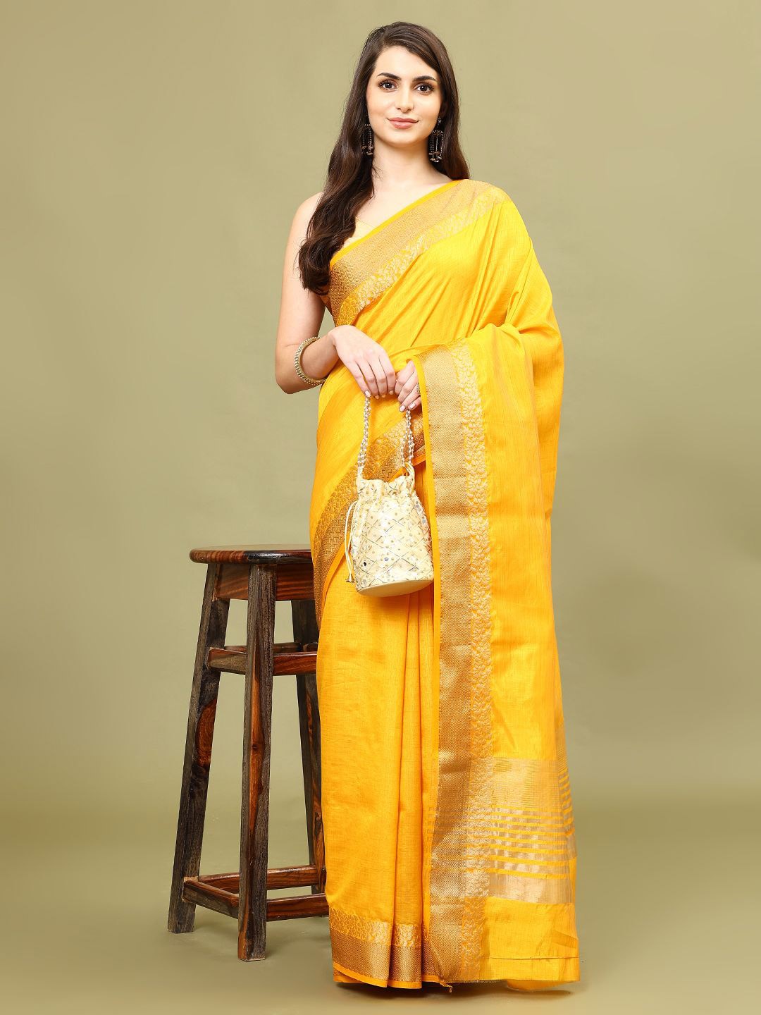 

Meena Bazaar Plain Woven Border Art Silk Saree, Yellow