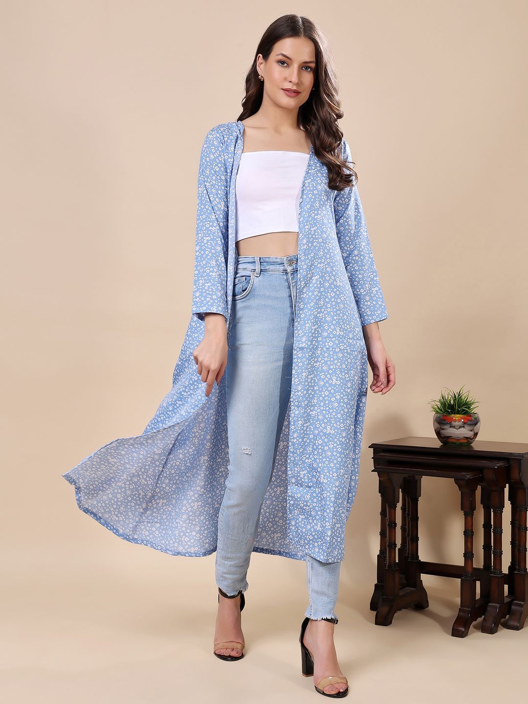 

SCORPIUS Floral Printed Longline Casual Shrug, Blue