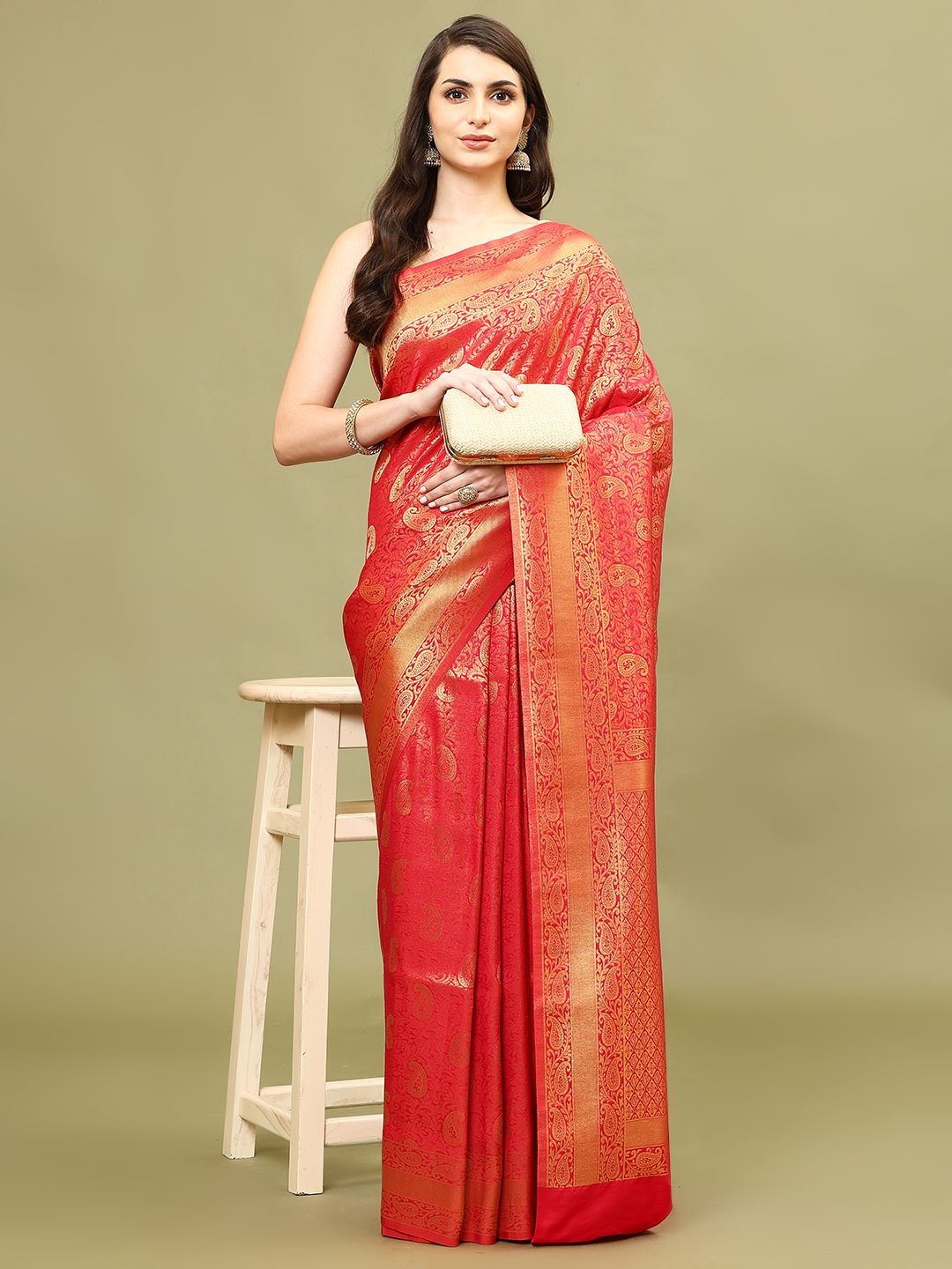 

Meena Bazaar Ethnic Motifs Woven Art Silk Saree, Red