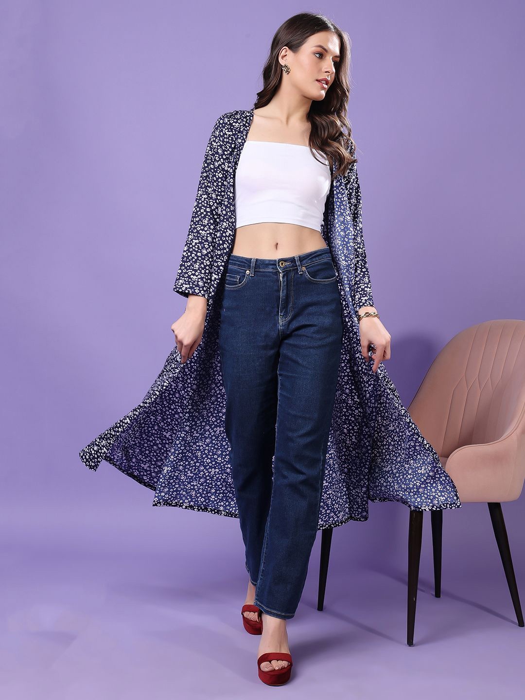 

SCORPIUS Floral Printed Longline Shrug, Navy blue