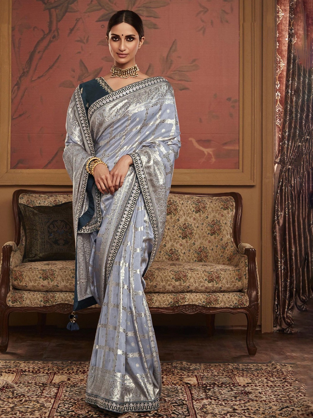 

MAHALASA Woven Design Zari Pure Silk Banarasi Saree, Lavender