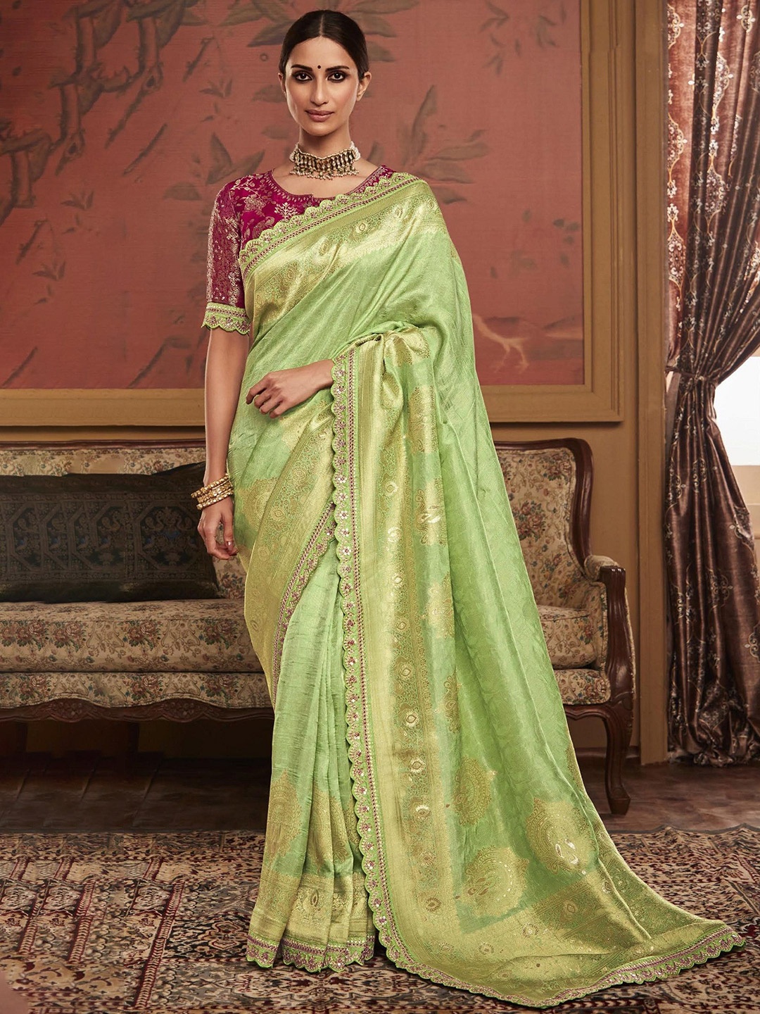 

MAHALASA Woven Design Zari Pure Silk Banarasi Saree, Green