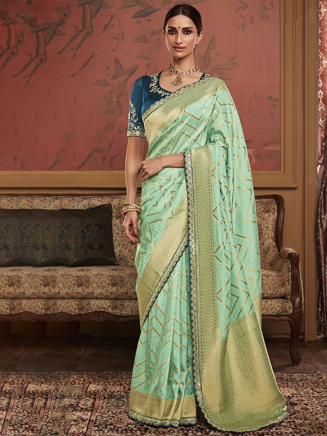 

MAHALASA Ethnic Motifs Embroidered Pure Silk Banarasi Saree, Sea green