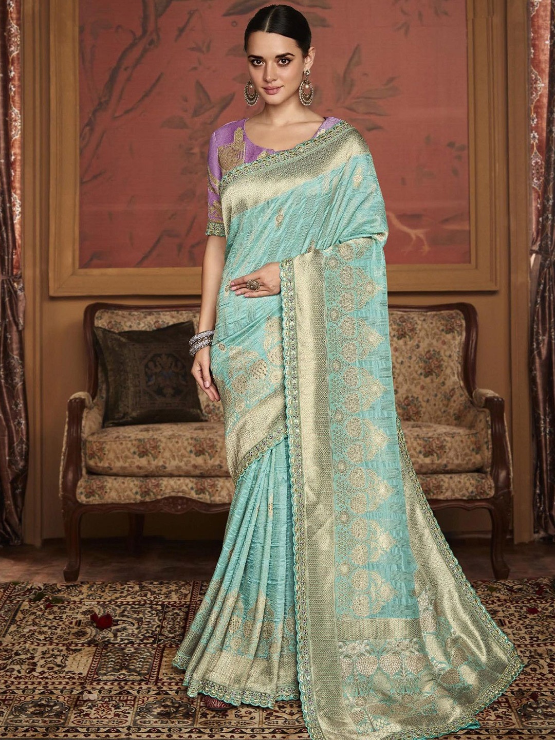 

MAHALASA Woven Design Zari Pure Silk Banarasi Saree, Sea green