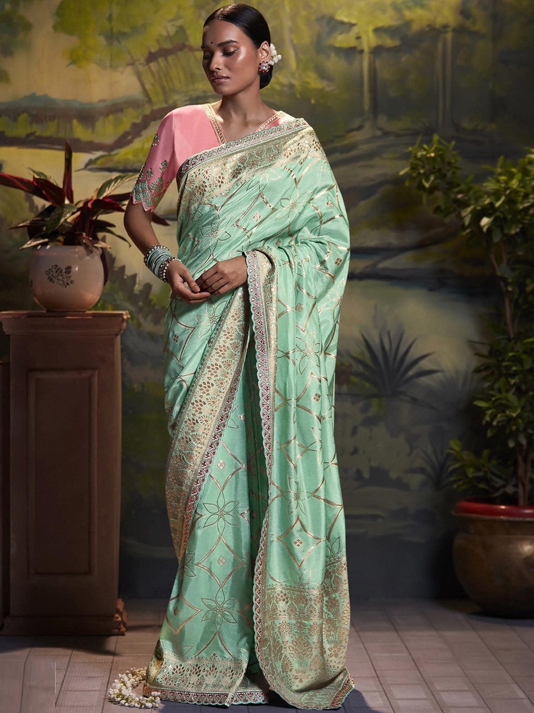 

MAHALASA Woven Design Pure Silk Banarasi Saree, Sea green